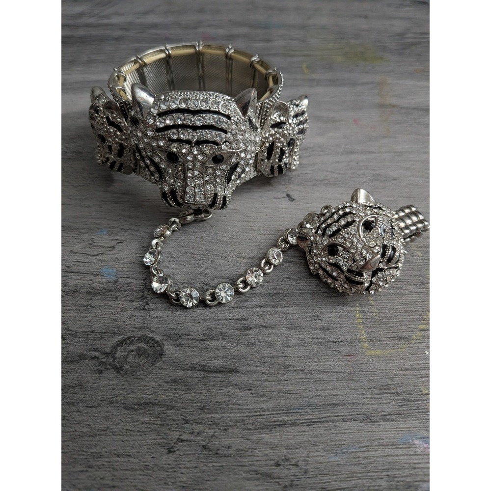 Silver Tiger Slave Bracelet Ring Set Rhinestone Crystal Statement Jewelry